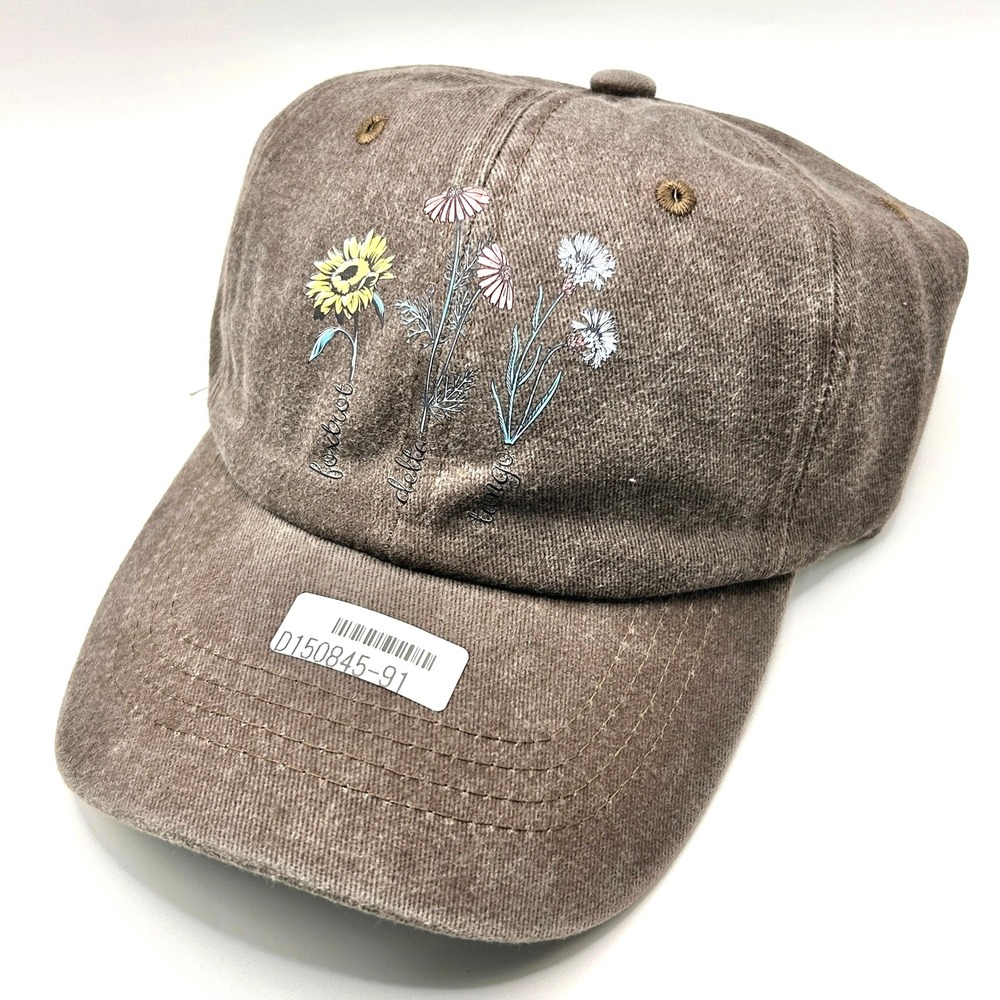 Wildflower Floral Embroidered Hat Women OS Brown Distressed Baseball Cap Boho